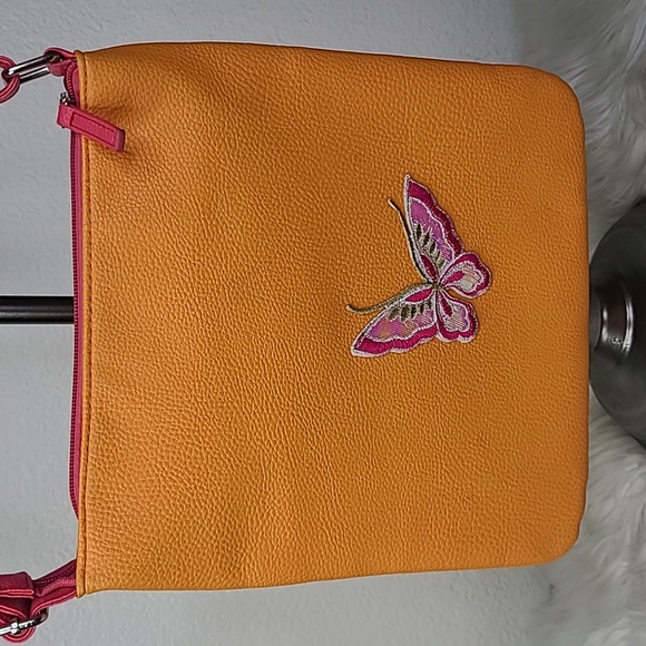 Crossbody Bag Hot Pink Orange Faux Leather Butterfly Embellished Spring Summer - Picture 2 of 6